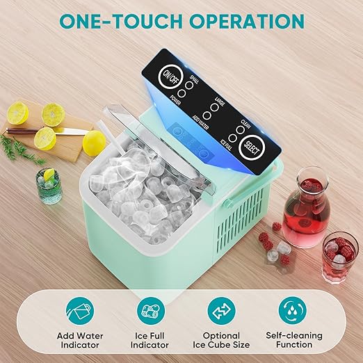 NEWBULIG Ice Makers Countertop with Handle, Portable Ice Machine, 9 Bullet Ice Cubes in 6 Mins, 26lbs in 24Hrs, Auto-Cleaning, with Basket and Scoop, for Home, Kitchen, RV, Camping,Green