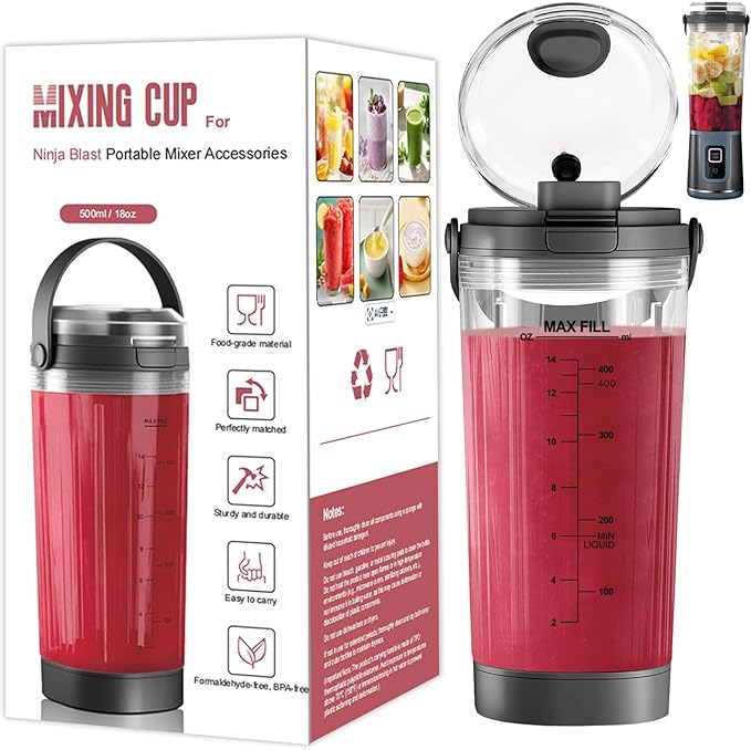 18oz Blending Vessel Accessories Compatible with Ninja Blast Portable Blender BC151BK, Upgraded 180° Flip Lid & Leak-Proof Travel Handle, Personal Blender Cup Replacement for Gym, Office and Outdoor