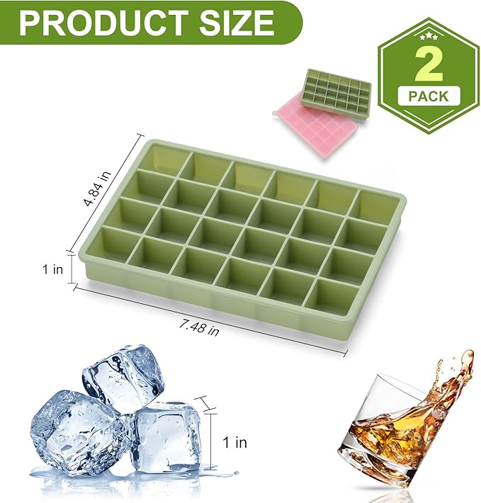 Silicone Ice Cube Tray, Easy Release Flexible Ice Cube Tray with Removable Lid, 24 Small Ice Cub Per Tray for Whiskey, Freezer, Cocktail, Reusable & BPA Free (Pink+Green)