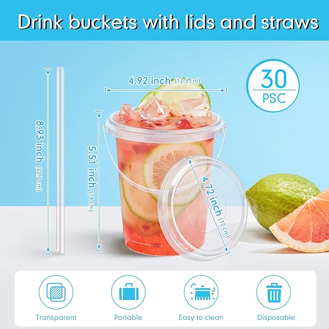 mwellewm 30 Pcs Drink Buckets with Lids and Straws, 34 oz with Handles Disposable Clear Rum Plastic Coffee Lemonade Cocktail Bucket Cups with Lid for Parties, Pool and Picnic