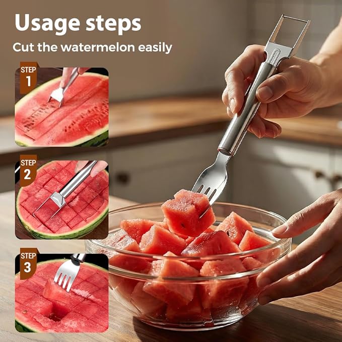 2-in-1 Stainless Steel Fruit Cutter, Upgraded Watermelon Slicer Tool, Portable Fruit Forks for Home, Kitchen and Camping (3 Pcs)