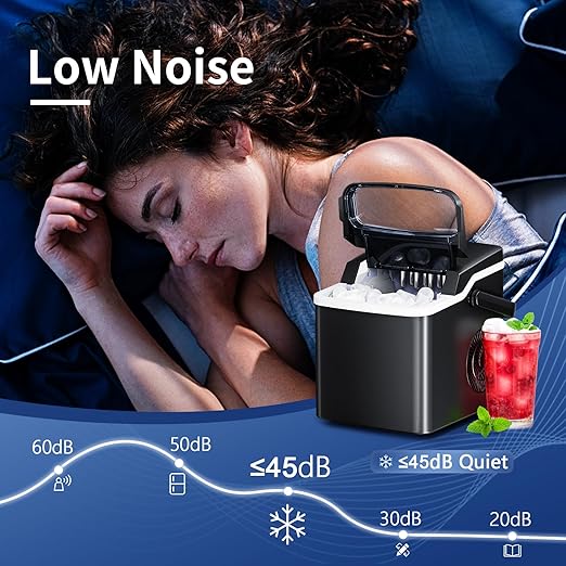 Ice Maker Countertop, Portable Ice Maker Machine, 26.5Lbs/24H, 9Pcs/6Mins, 2 Sizes of Bullet Ice, Self-Cleaning, Basket and Scoop, Ideal for Home/Office/Outdoor Use, Black