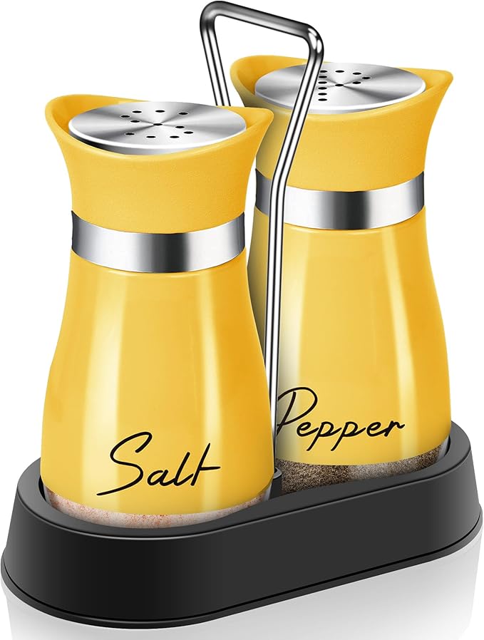 Yellow Salt and Pepper Shakers Set with Holder,4 oz Cute Kitchen Decor and Accessories Farmhouse Gadgets Table Housewarming Gift Thanksgiving Christmas Decor Refillable Design (Yellow)