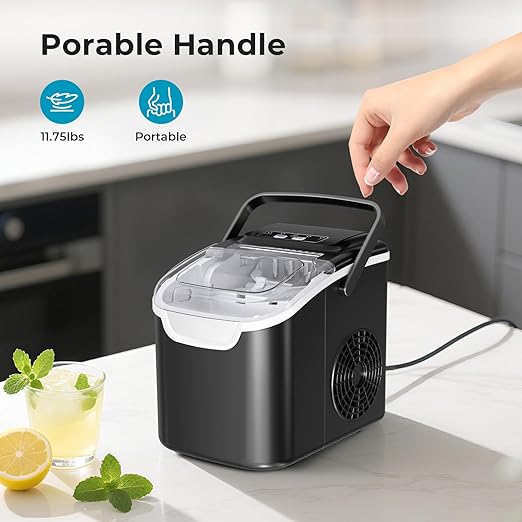 Ice Maker Countertop, 26.5lbs/24Hrs, 8 Bullet ICES in 6 Mins – Self-Cleaning Portable Ice Maker with Selectable Ice Size & Touch Display for Home/Office/Bar, Matte Black
