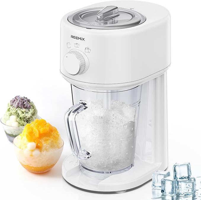 Reemix Shaved Ice Machine, Electric Ice Shaver and Snow Cone Machine with Large Capacity Storage, Portable Ice Crusher Ice Thickness Can be Adjusted (White)