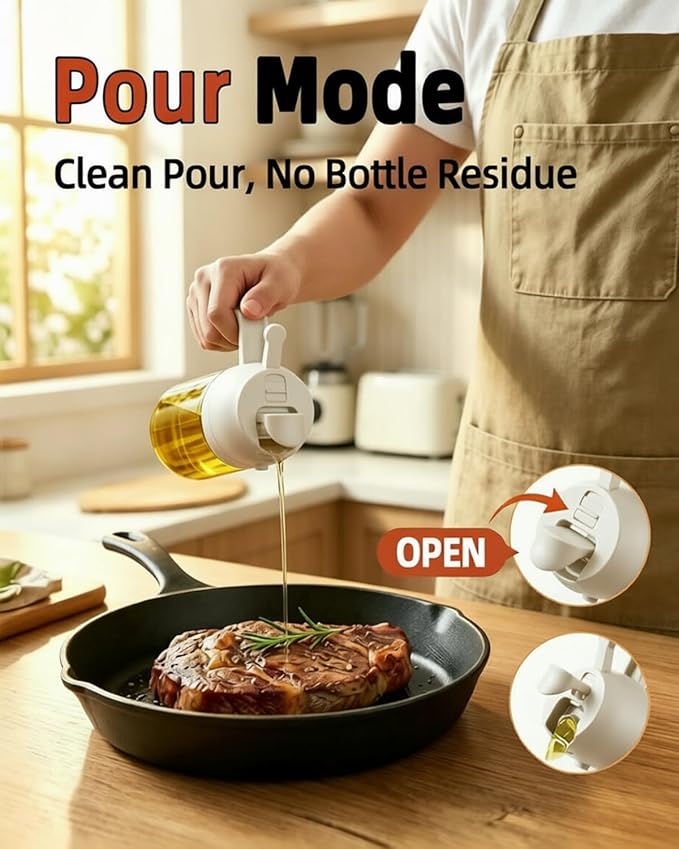 16oz/470ml Oil Sprayer for Cooking, 2 in 1 Oil Dispenser for Kitchen, Olive Oil Sprayer, Food Grade Glass Bottle for Kitchen Gadgets, Air Fryer Accessories, Salad, BBQ (White)