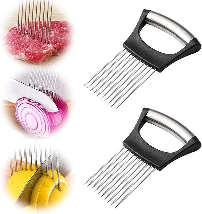 Onion Holder for Slicing, 2025 New Stainless Steel Onion Slicer Holder, Lemon Tomato Onion Cutter, Vegetables Fruit Chopper Kitchen Gadgets Assistant Tool for Meat, Eggs, Onion, Potato, Tomato (2)