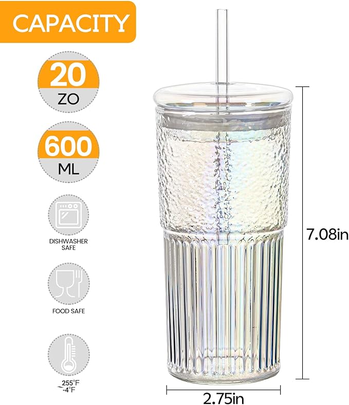 QWEZXO Colorful High Borosilicate Glass Cups With Lids and Glass Straws，20 OZ Rainbow Iced Coffee Water Tumbler Smoothie
