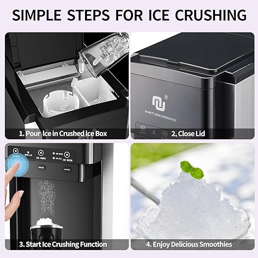 NUNET 3-in-1 Water Bottle Bottom-Loading Ice Dispenser Water Cooler Crusher, Built-in 6L Water Tank, Produces 44lbs Bullet Ice/Shaved Ice Daily, 4 lbs Ice Storage (NOT for Water Line)