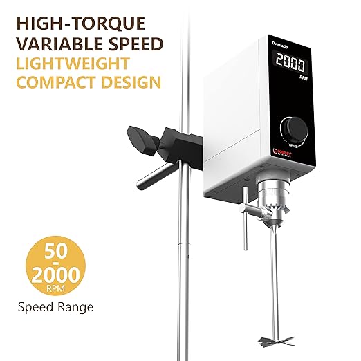 4E's USA Lab Overhead Stirrer - 40 Liter, 50000mPas, 50~2000 RPM Variable Speed with Stand and Stirring Rod, LED Lab Stirrer Mixer with Safety Sensors and Go-Through Design for Easy Rod Adjustment