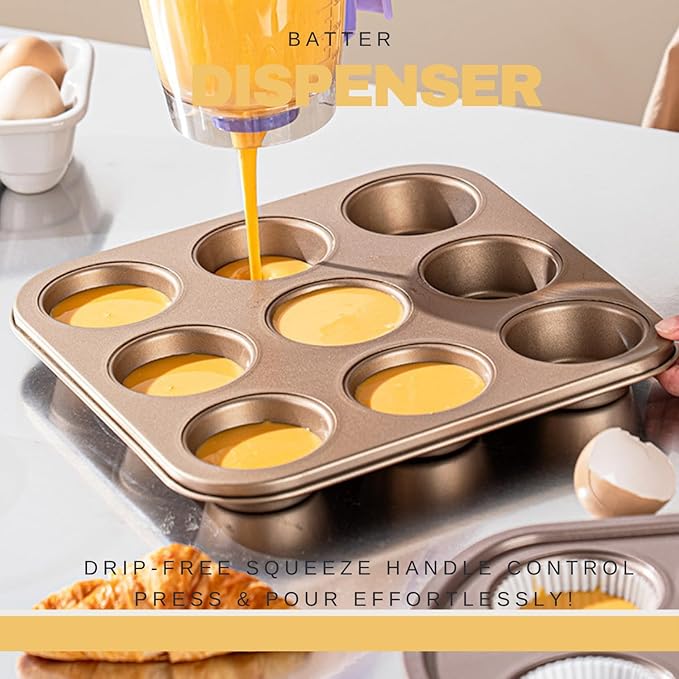 Pancake Batter Dispenser - Kitchen Must Have Tool for Perfect Pancakes, Cupcake, Waffle, Muffin Mix, Cake & Crepe - Baking Supplies for Griddle - Pancake Maker with Measuring Label (Purple)