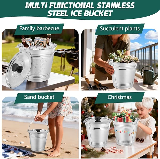 OBTANIM 3 Pack 7L Stainless Steel Metal Ice Buckets Champagne Drink Cooler Storage Ice Pails with Handle and Lid for Party Favors Organizing Home Parties Bar Cooling Supplies