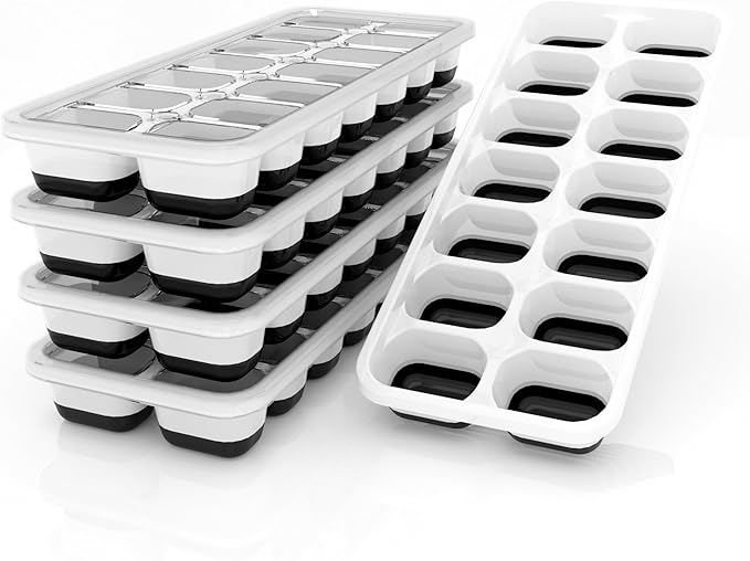 Ice Cube Trays 5 Pack for Freezer – 70 Cubes, Reinforced Snap Lids That Stay Closed, Silicone Push-Release Bottom, BPA-Free PP Frame, Stackable Ice Molds – Modern Home Bar & Everyday Freezer Use
