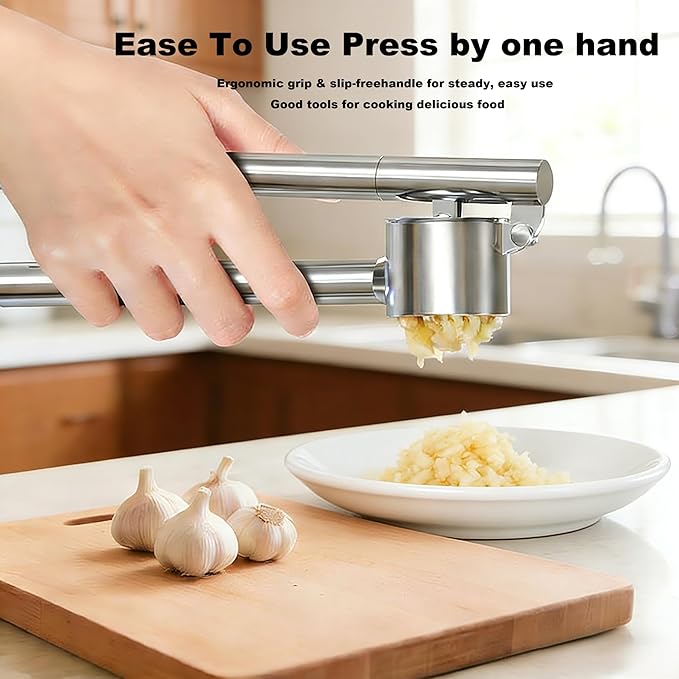 Stainless Steel Garlic Press and Mincer Set, Heavy Duty Garlic Crusher with Ergonomic Handle Rustproof Easy Squeeze Garlic Press Stainless Steel Professional Garlic Mincer Tool for Kitchen Use