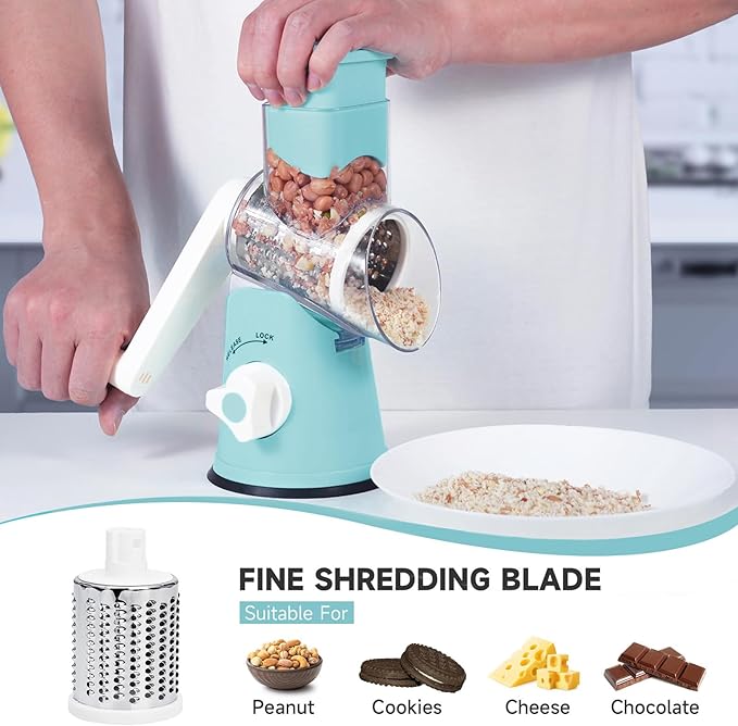 Rotary Cheese Grater, Cheese Grater Hand Crank with 3 Interchangeable Blades, Manual Cheese Shredder with Strong Suction Base, Easy to Use and Clean, Blue