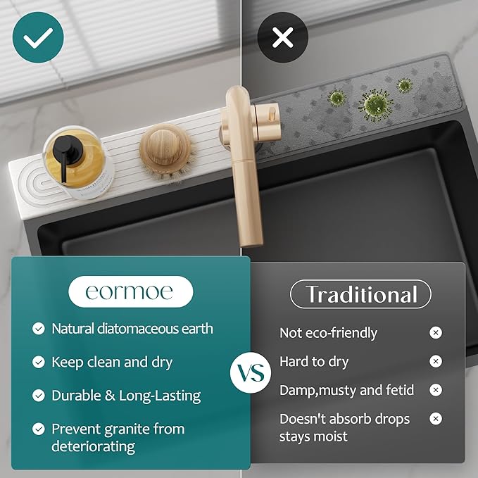 eormoe 30 Inch Faucet Mat for Kitchen Sink - Instant Dry Sink Protector for Countertop, Extra-Long Diatomaceous Earth Stone Sink Tray Around Faucet for Kitchen Bathroom RVs (Light Grey, 30" x 3.9")