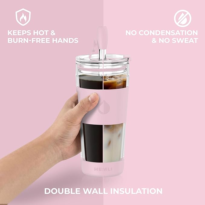 19 oz. Double Wall Glass Coffee Tumbler, To Go Travel Mug with Lid, Portable Glass Thermos with Straw, Reusable Cup, Tea, Smoothies, Ice Coffee, and Boba