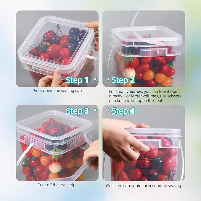ASEVAT 4 Pcs Square Food Grade Bucket with Lid Square Bucket Pail with Plastic Handles for Storing Dry Food, Charcoal, Camping, Fishing （1+2.6+4.2gal