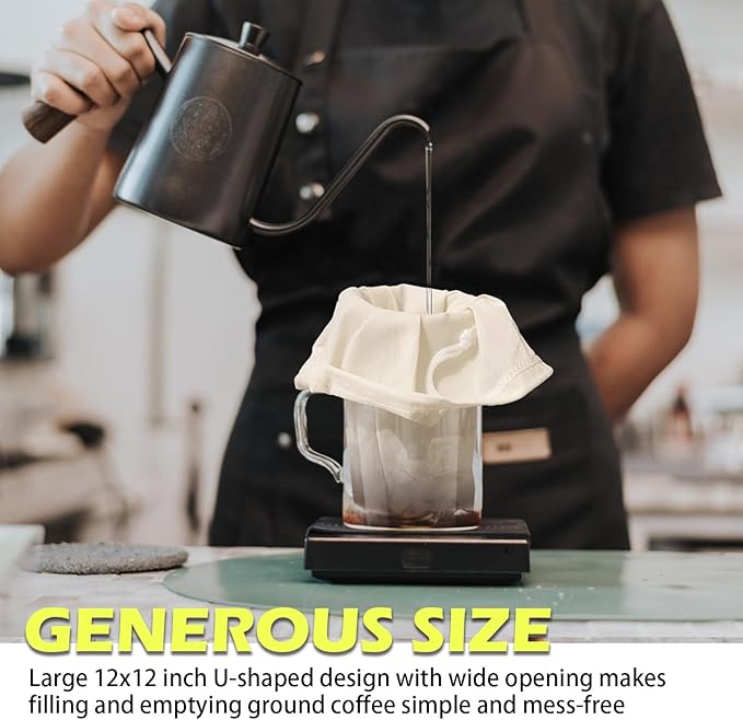 2 Pack Organic Cotton Cold Brew Coffee Filter Bags, Reusable with Drawstring, 12x12 Inch, for Pitchers, Mason Jars, Toddy Systems