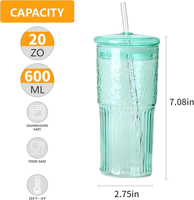 QWEZXO 20 OZ Glass Cup with Lids and Glass Straws, High Borosilicate Iced Coffee Glass Tumblers with Lid and Straw for Drinks, 2pcs Reusable Wide Mouth Smoothie Cup(Cyan)