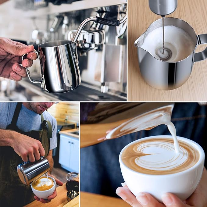 Milk Frothing Pitcher, Thicker Version 600ml 20oz Steaming Pitchers Stainless Steel Milk Coffee Cappuccino Latte Art Barista Steam Pitchers Milk Jug Cup with Decorating Pen