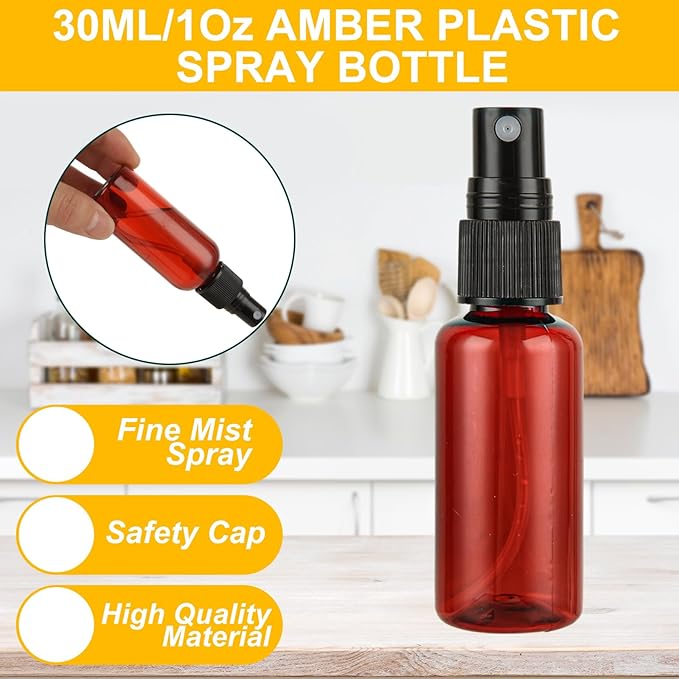 60PCS 1 oz Amber Spray Bottles for Essential Oils Small Plastic Spray Bottle with Funnel & Stickers Refillable 1oz Empty Mini Mister Spray Bottle for Travel Cleaning Beauty