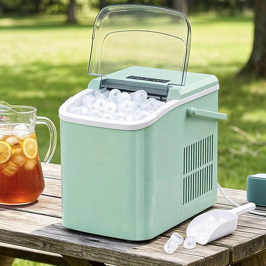 Ice Maker, Portable Ice Makers Countertop with Handle, Basket & Scoop, 26Lbs/24Hrs, 9 Bullet Ice Cubes in 6 Mins, 2 Ice Sizes, Self-Cleaning, Quiet Compact Ice Machine for Home Kitchen Party, Green