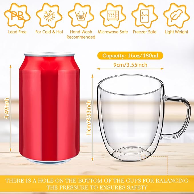 Patelai 6 Pcs 16oz Clear Glass Coffee Mugs Double Walled Coffee Cups Glasses Insulated Latte Mugs with Handle Espresso Clear Cups for Cappuccino Tea, Heat Resistant Glasses