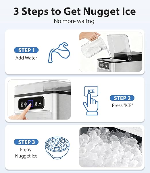 Nugget Ice Maker 40lbs/Day, Countertop Ice Maker Soft Chewable Ice, Ice Makers One-Click & Self-Cleaning, Crushed Pellet Ice Machine with Scoop&Basket for Home/Kitchen/Office, Stainless Silver