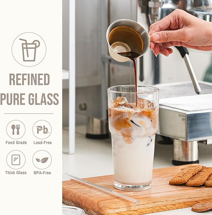 SoulTimes 20oz Glass Tumbler with Lid and Glass Straw –Set of 2, Clear Reusable Iced Coffee Cup, Drinking Glass for Coffee, Tea, Juice, Smoothies – Durable & Elegant Glassware