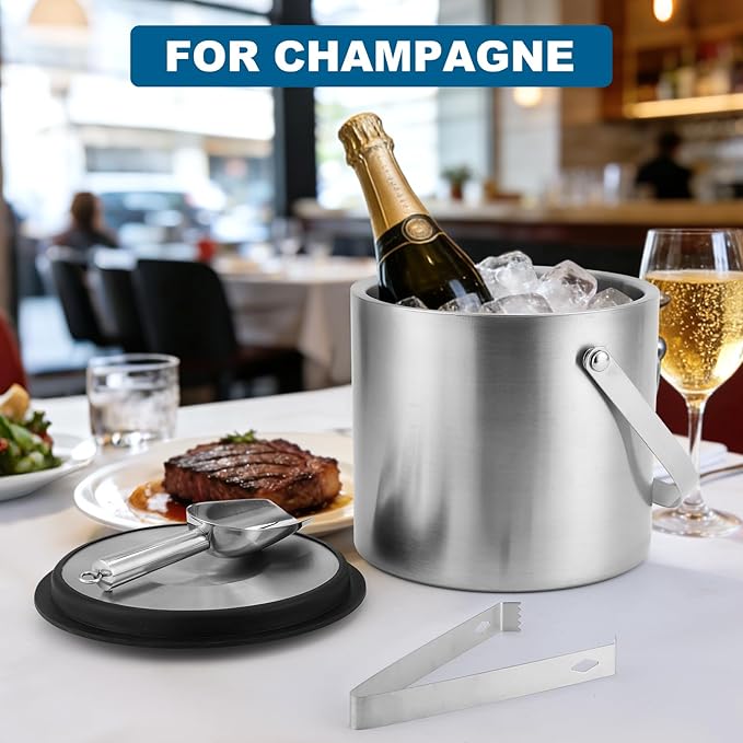 Ice Bucket, 4L Double Wall Insulated Ice Bucket with Lid,Scoop,Tongs- Inner Layer 304 Stainless Steel Ice Container Keep Ice Frozen Longer- Ideal for Cocktail Bar,Parties,Chilling Beer Win