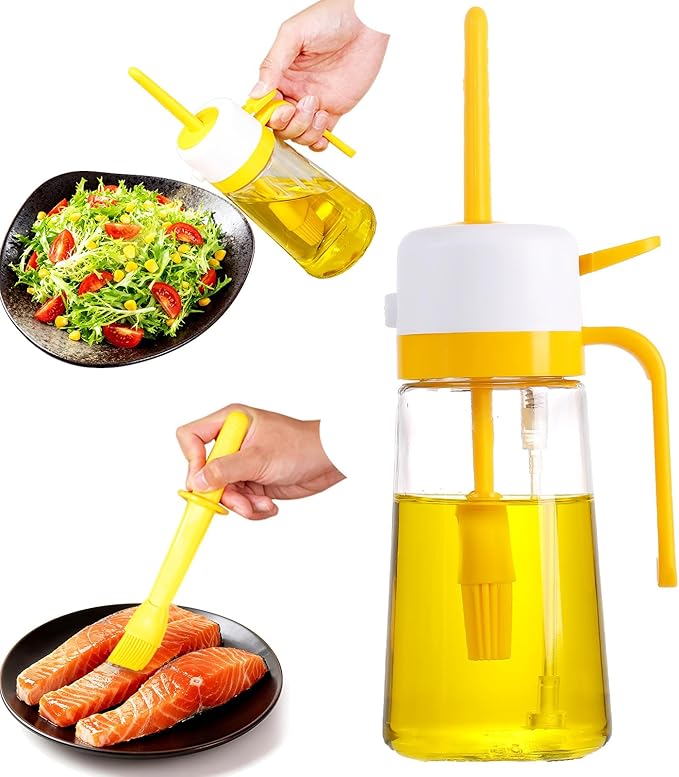 16oz/470ml Glass Olive Oil Sprayer for Cooking – 2 in 1 Canola Oil Spray Bottle for Kitchen, Wide-opening Spray Bottle with Silicone Basting Brush, Kitchen Gadgets for Air Fryer, Salad, BBQ
