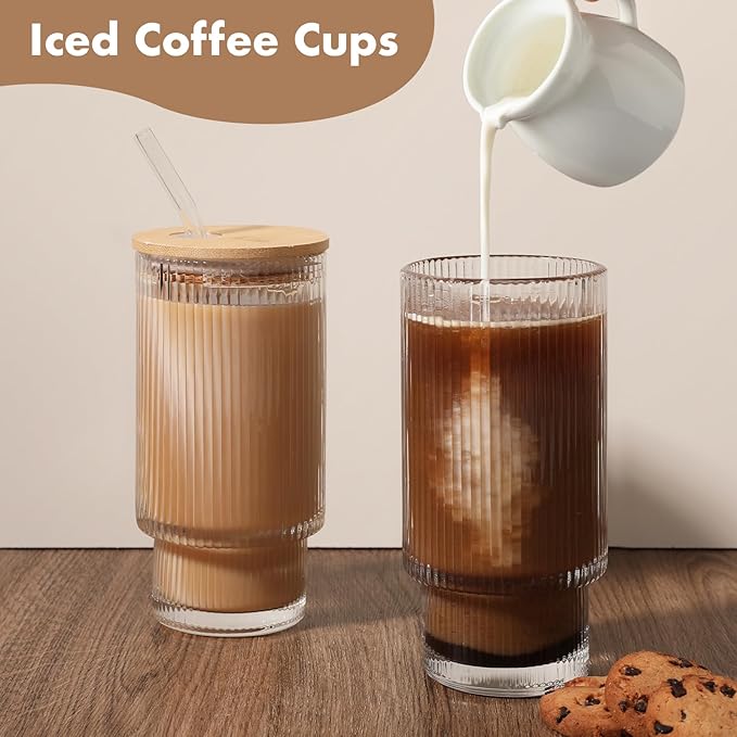 Glass Cups with Bamboo Lids and Straws - 16 oz Reusable Iced Coffee Cups, Vintage Ribbed Drinking Glasses, To Go Tumbler for Juice, Beer, Coffee, Milk, Cocktail, Water (2 Pack)