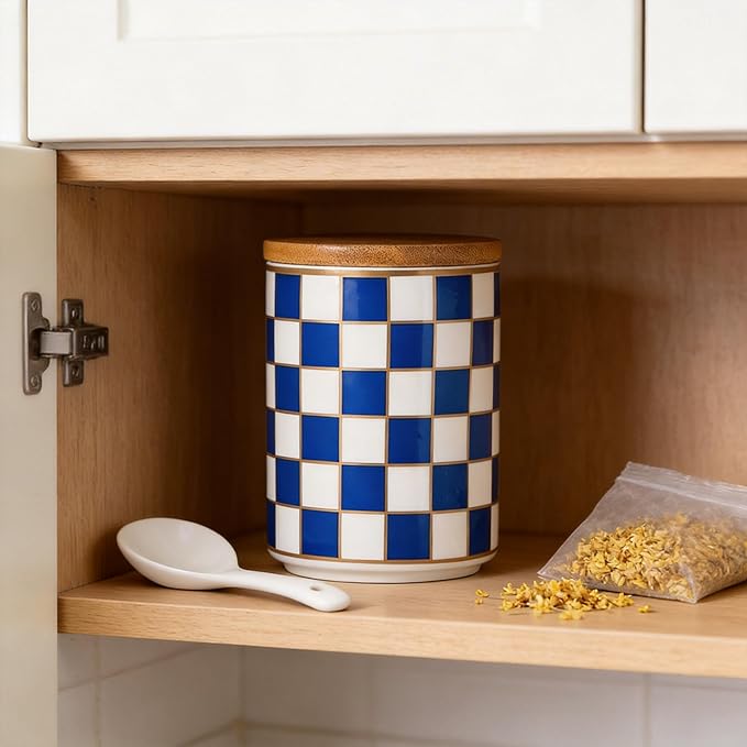 Kitchen Countertop Ceramic Checkered Canisters,Black And White Food Storage Containers With Lid,Airtight Kitchen Canisters for Flour, Sugar, Coffee, Tea, and Dry Goods (Blue, Small)