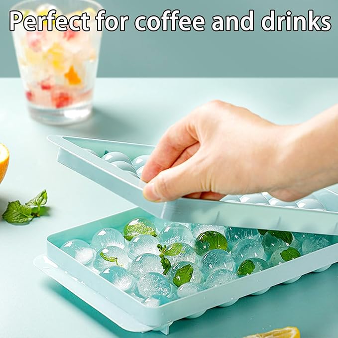 Ice Cube Tray with Lid, 33 Sphere Ice Cube Mold for Freezer, Stackable Round Ice Ball Maker Circle Ice Trays for Cocktails, Whiskey, Coffee, Drinks (Blue)
