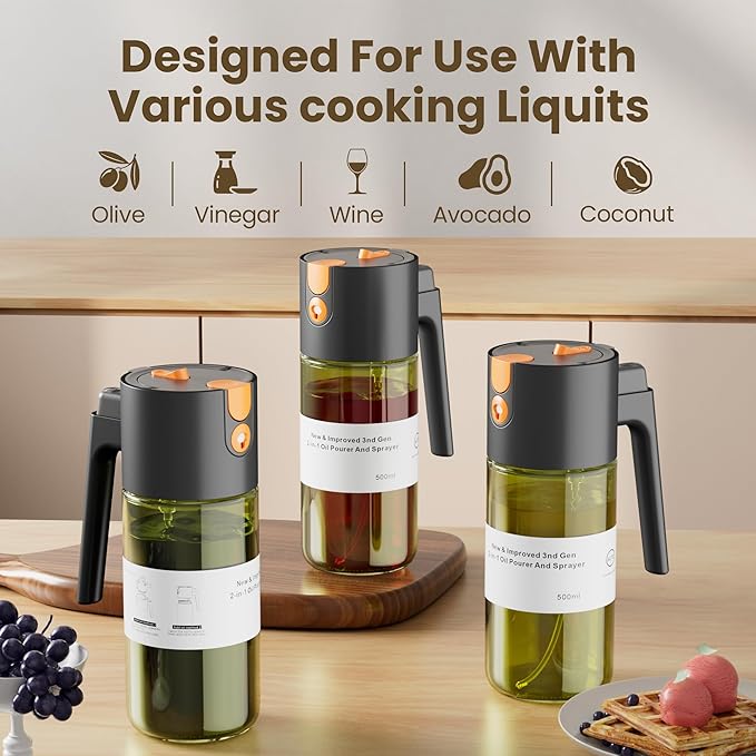 LAKUMIQI 2 in 1 Oil Sprayer for Cooking, 17oz Light-Blocking Glass Spray Bottle with Stickers, Oil Dispenser for Salad, Air Fryer & BBQ