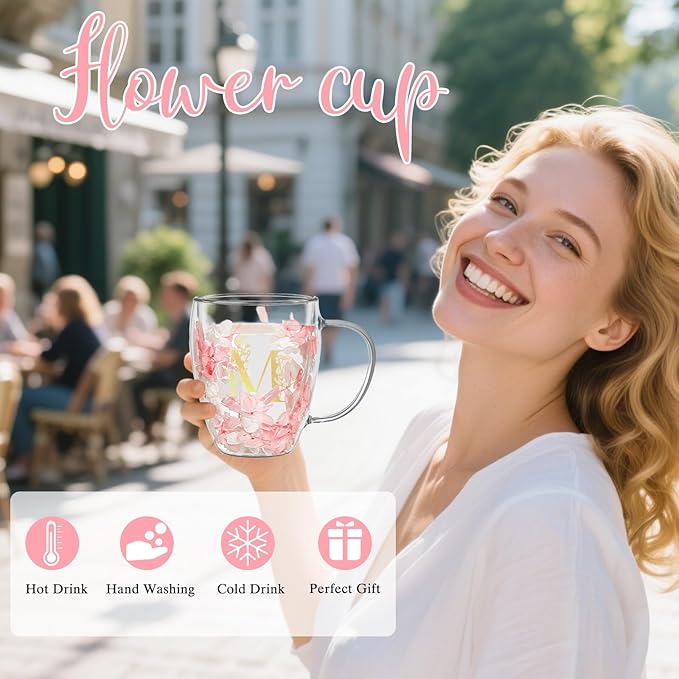 Personalized Gifts for Women Flower Glass Coffee Mug Initial Tea cup Mother's Day Gifts for Mom Monogrammed Customized Bridesmaid Bride Wedding Gifts Graduation Valentines Birthday Christmas Gift(M)