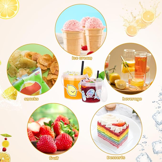 30 Pcs Drink Buckets with Lids and Straws for Parties 15x 23oz + 15x 32oz Cocktails Buckets Reusable Clear Plastic Food Containers with 50 Pcs Summer Stickers