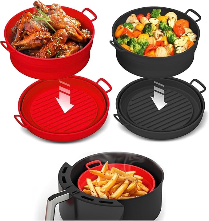 Silicone Air Fryer Liner 8.6" Round for 5–8 QT, No Divider, Reusable Non-Stick Collapsible Pot Liner, Dishwasher Safe, Heat-Resistant 446°F, RED, 1 Pack