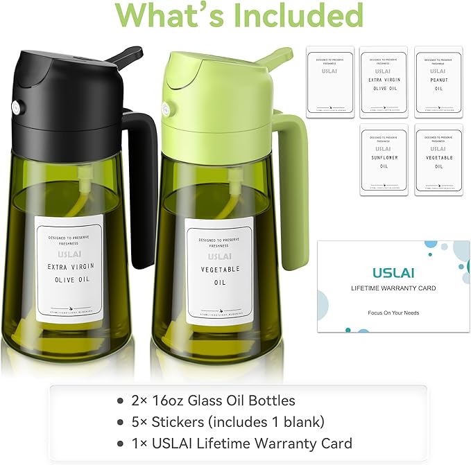 USLAI Oil Sprayer for Cooking, 16oz/470ml 2 in 1 Glass Olive Oil Dispenser Bottle for Kitchen, Air Fryer, BBQ and Salad - Black Green