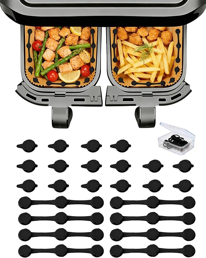 24PCS Air Fryer Magnets for Parchment Paper, Silicone Air Fryer Liners Magnets, Heat-Resistant Air Fryer Magnet Locks for Disposable Air Fryer Liners, Secure Air Fryer Accessories (Black)