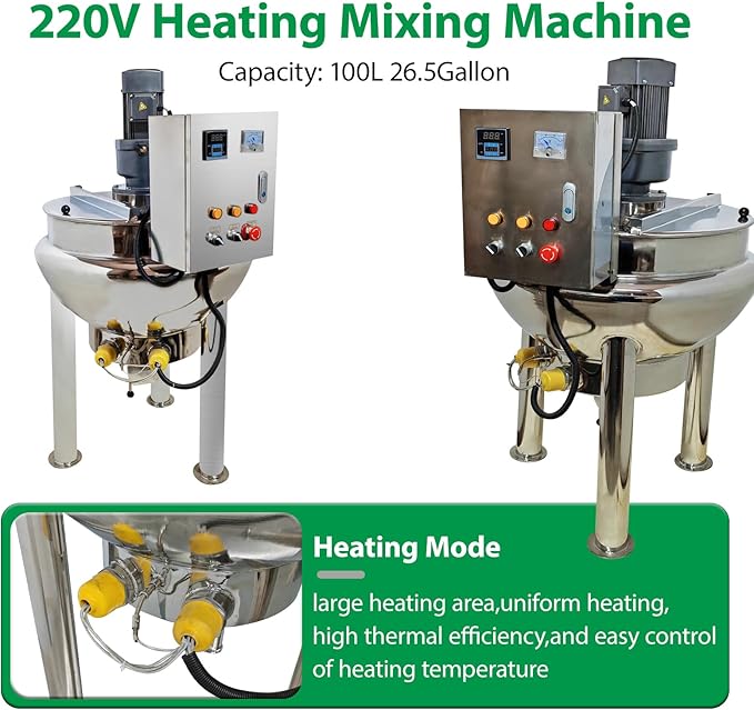 Electric Pot Stirrer Heavy Duty Stainless Steel Heating Mixing Machine 100L 26.5Gallon Automatic Sauce Stirrer Mixer Commercial Stirring Jacketed Kettle, 220V, 1.1KW