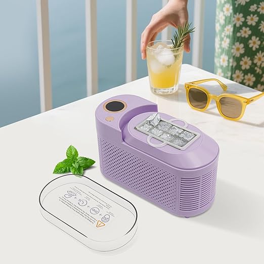 Portable Small Ice Maker, Mini Ice Cube Maker Countertop, 12V/AC Dual Power Quiet Compact Ice Machine with Clear Cover and Clip, for Home Kitchen, Camping RV, Dormitory, Office (Purple)