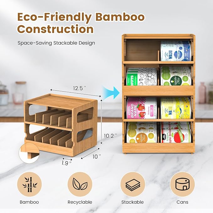 Teamkio Stackable Bamboo Cat Food Organizer, 2-Tier Adjustable FIFO Can Dispenser Space-Saving Storage, Holds Up to 36 Cans - Ideal for Pantry, Cabinet, Countertop