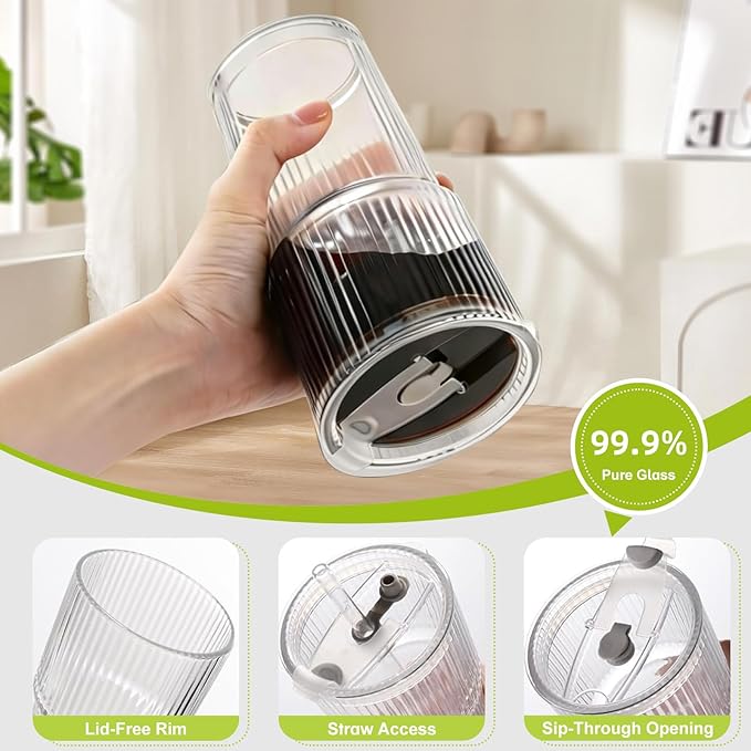 4pcs Ribbed Glass Tumbler with Straw and Lid - 20oz Reusable Iced Coffee Beer Cups, Coffee Bar Accessories for Cocktails Juices, Includes 1 Cleaning Brush