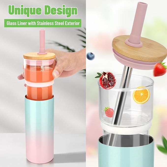 Tronco 20 oz Vacuum Insulated Glass Tumbler with Lid and Straw - Keeps Drinks Cold for 12 Hrs - Reusable Glass Cup for Iced Coffee, Smoothies & Boba - Sweat & BPA Free, Dishwasher Safe, Fit Car Holder