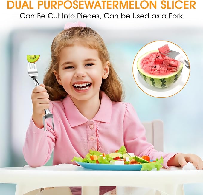 2 PCS Stainless Steel Watermelon Slicer and Fork - 2-in-1 Portable Kitchen Tool for Home Camping and Parties