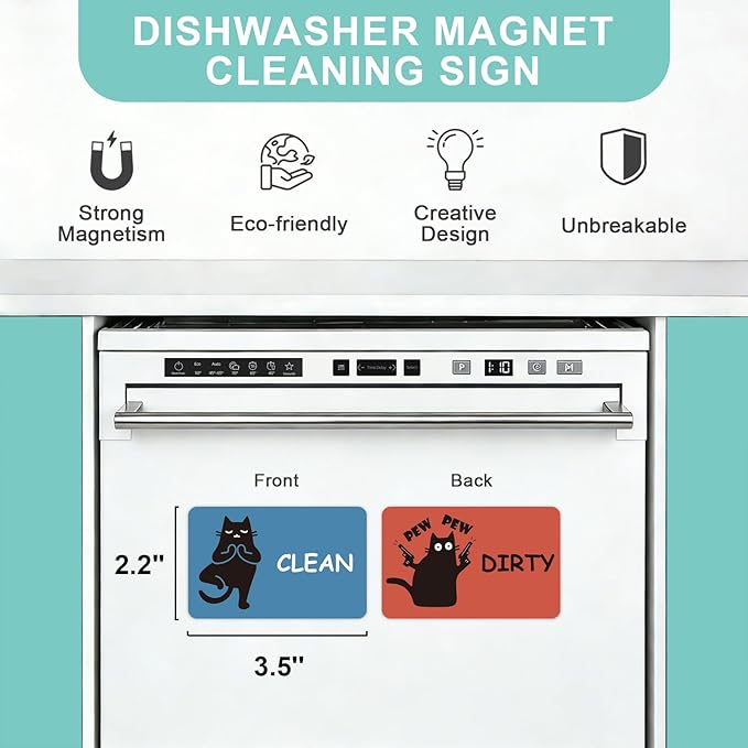 Funny Black Cat Clean Dirty Dishwasher Magnet - Cute Refrigerator Kitchen Magnet, Non-Scratch Strong Double Sided Washing Machine Sign, Housewarming Gifts for Cat Lovers, Home Apartment Essentials (Blue&Red)