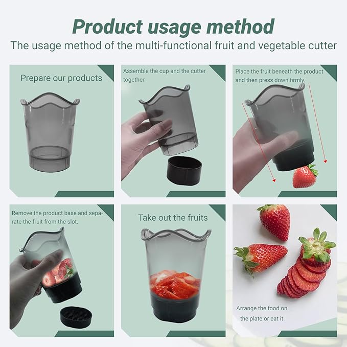 Strawberry Slicer Multifunctional Fruit and Vegetable Slicer Stainless Steel Cup Quick Salad Maker（Transparent bottle body+2 blade+base）