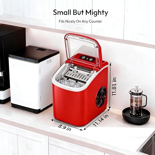 Small Portable Countertop Ice Maker, 26lbs/24H Ice Machine with Self-Cleaning, 6-8 Mins Fast Ice Making,Quiet Operation, Compact Ice Maker with Handle for Home Kitchen Camping RV (red, 26lbs)